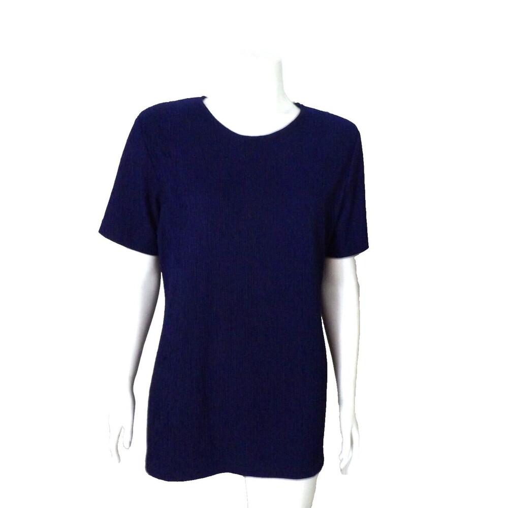 Flora Dark Blue Textured Short Sleeve Shirt Pullover Top Size Med Women Vintage